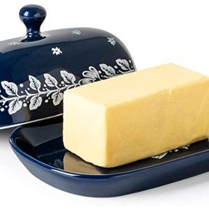 PORCELAIN BUTTER DISH - EAST/WEST COAST BUTTER CONTAINER w/ LID (Applique Blue)